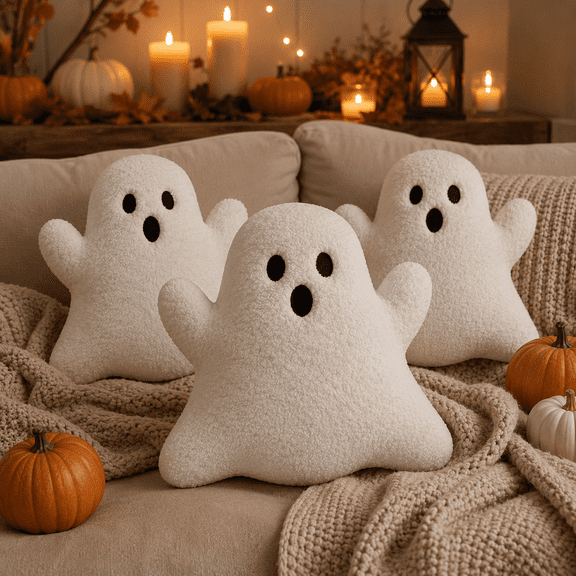 Halloween Ghost Shaped Throw Pillows ,Soft Fluffy Plush Fabric, Home Decor - Fits Sofa Bed Couch, Halloween Themed Party Room Decor, Cozy Gift Idea White