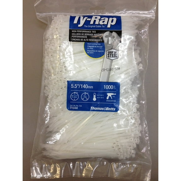 TY24M Cable Tie 30lb 5.5" Natural Nylon with Stainless Steel Locking Device, 1000 Per Bag