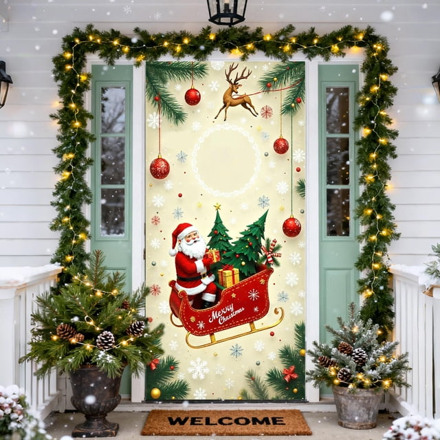 Funda Navideña para Puerta con Diseño de Papá Noel, Ideal para Decorar El Día de Navidad. Medidas: 89 X 183 Cm (35 X 72 Pulgadas). Tela de Poliéster Resistente. Fácil Instalación. Apta para Puertas E
