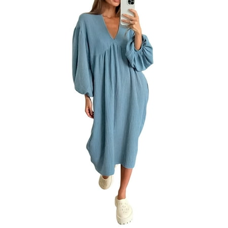 

Jamlynbo Women Nightdress Long Sleeve Nightware Loose Nightshirt Pajamas Maxi Dress Sleepwear Loungewear Nightgowns Night-Robe