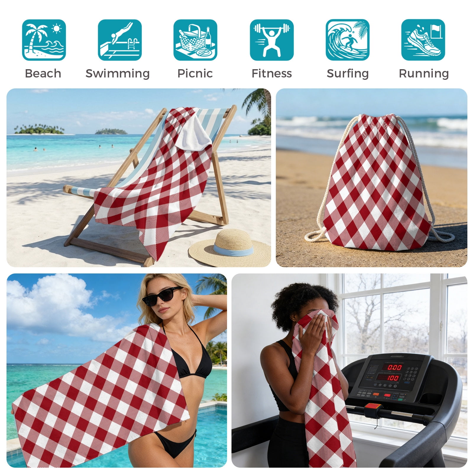 Beach Towel Bag 2 in 1 Dark Red Buffalo Check Plaid Bath Pool Towels Backpack Farmhouse Style Absorbent Beach Towel Soft Quick Dry Lightweight Towels Drawstring Bag for Travel Camping Sports Picnic
