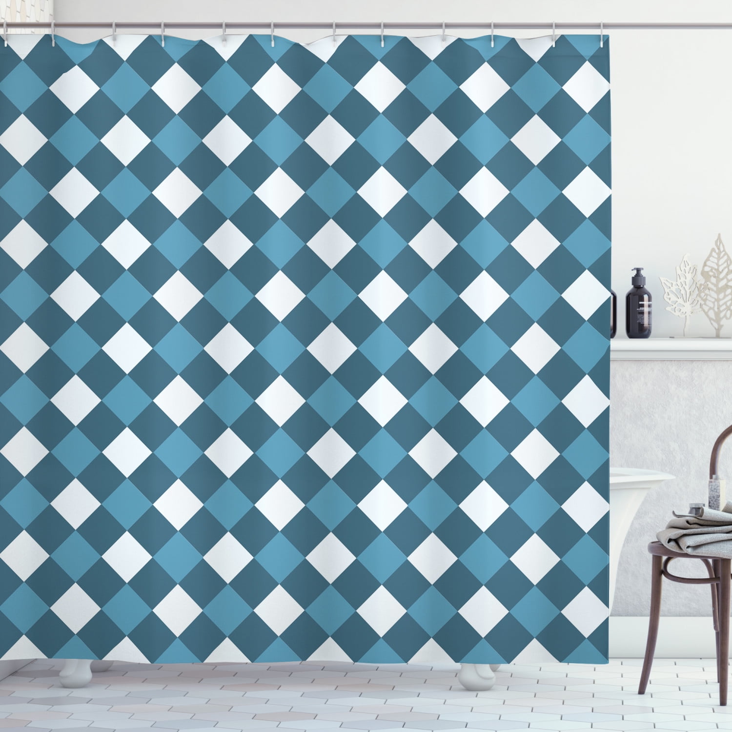 Blue and White Shower Curtain, Mosaic Design Checkered Rhombuses Grid