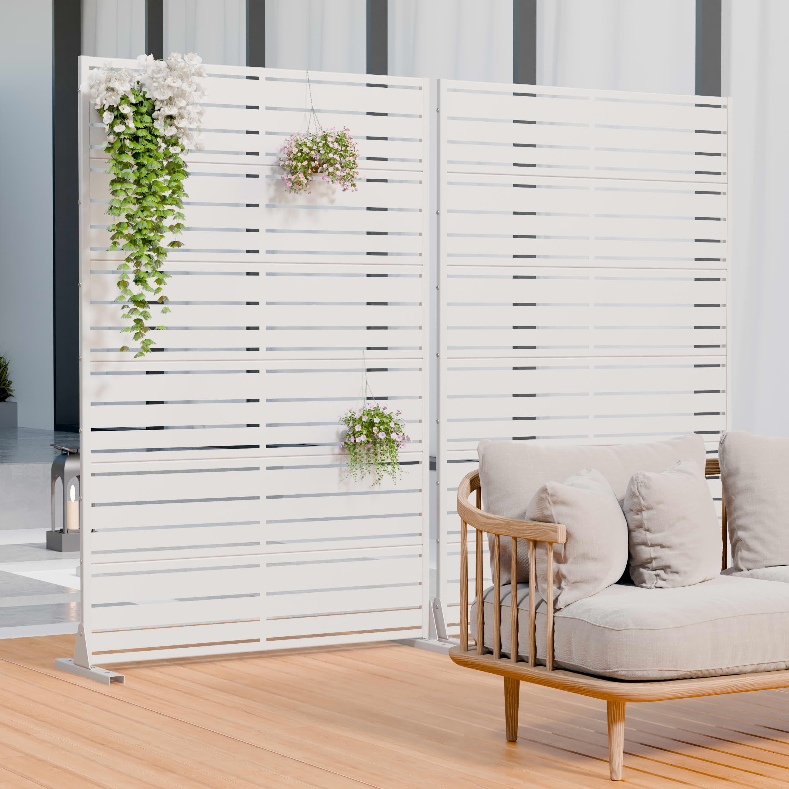 MAYEERTY 2-Piece Outdoor Metal Privacy Screen 6ft × 4ft White, 6-Panel Wide-Narrow Louvered, Rust-Resistant for Garden