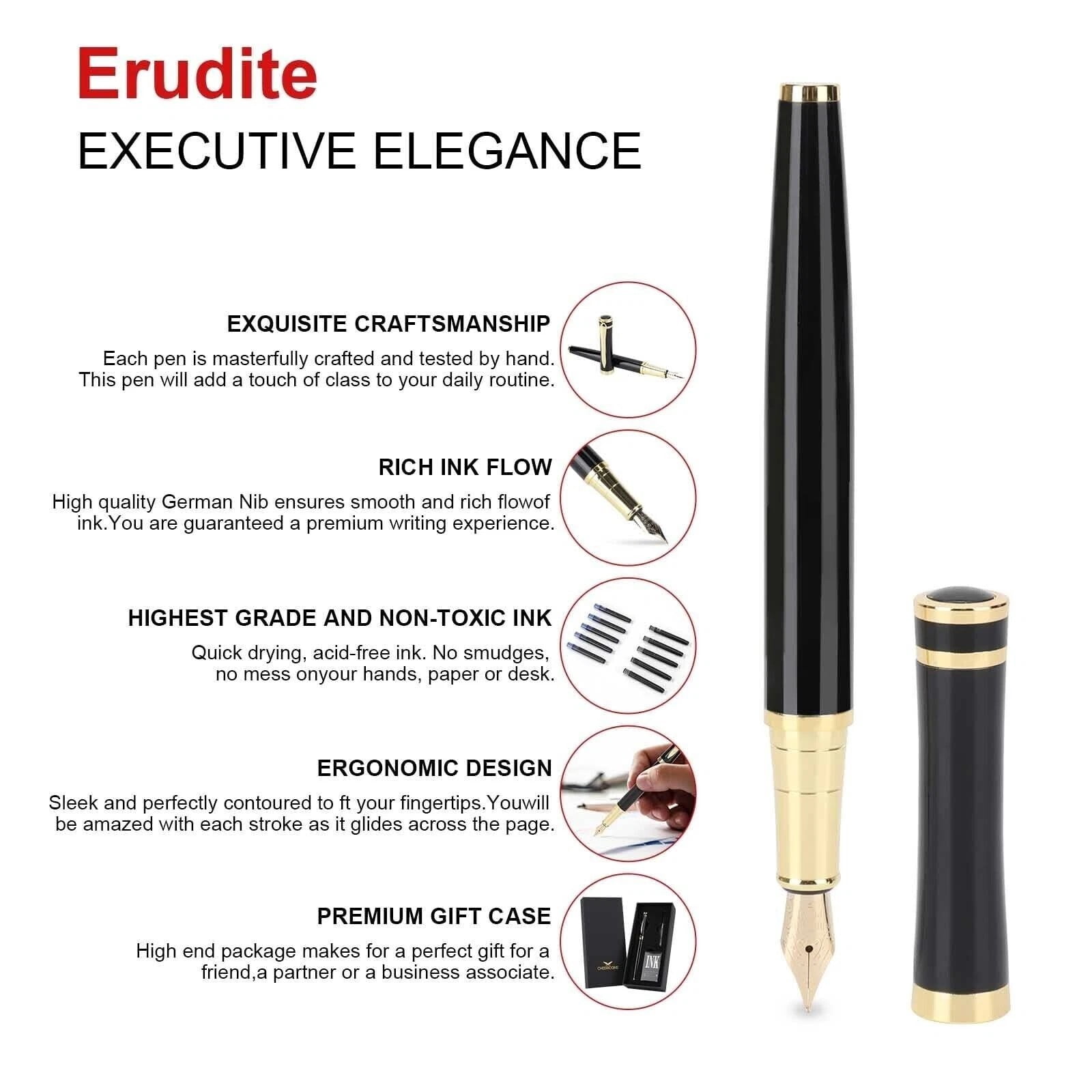 Luxury Fountain Pen FREE Case Business Writing Gift Ink Black