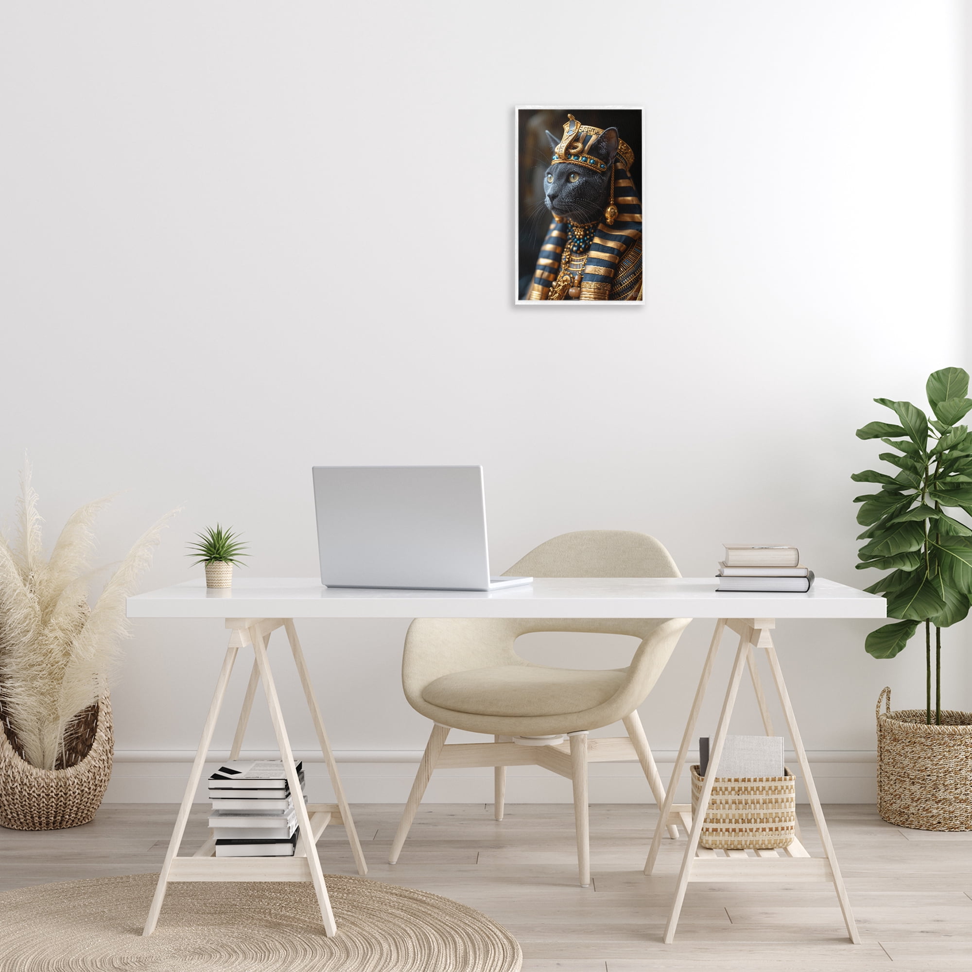 Stupell Industries Egyptian Pharaoh Cat Novelty Painting White Framed Art Print Wall Art, 12 x 18