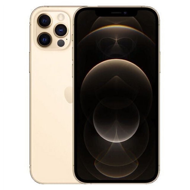 Pre-Owned Apple iPhone 12 Pro Gold 128GB Unlocked (Good). Features a 6.1-inch Super Retina XDR display with Ceramic Shield for enhanced durability. Powered by the A14 Bionic chip and running iOS 15.4, it supports ultrafast 5G connectivity. Includes a Pro camera system with 12MP Ultra Wide, Wide, and Telephoto lenses, Night mode, Deep Fusion, and 4K Dolby Vision HDR recording. Shown in a gold finish with a front and back view.