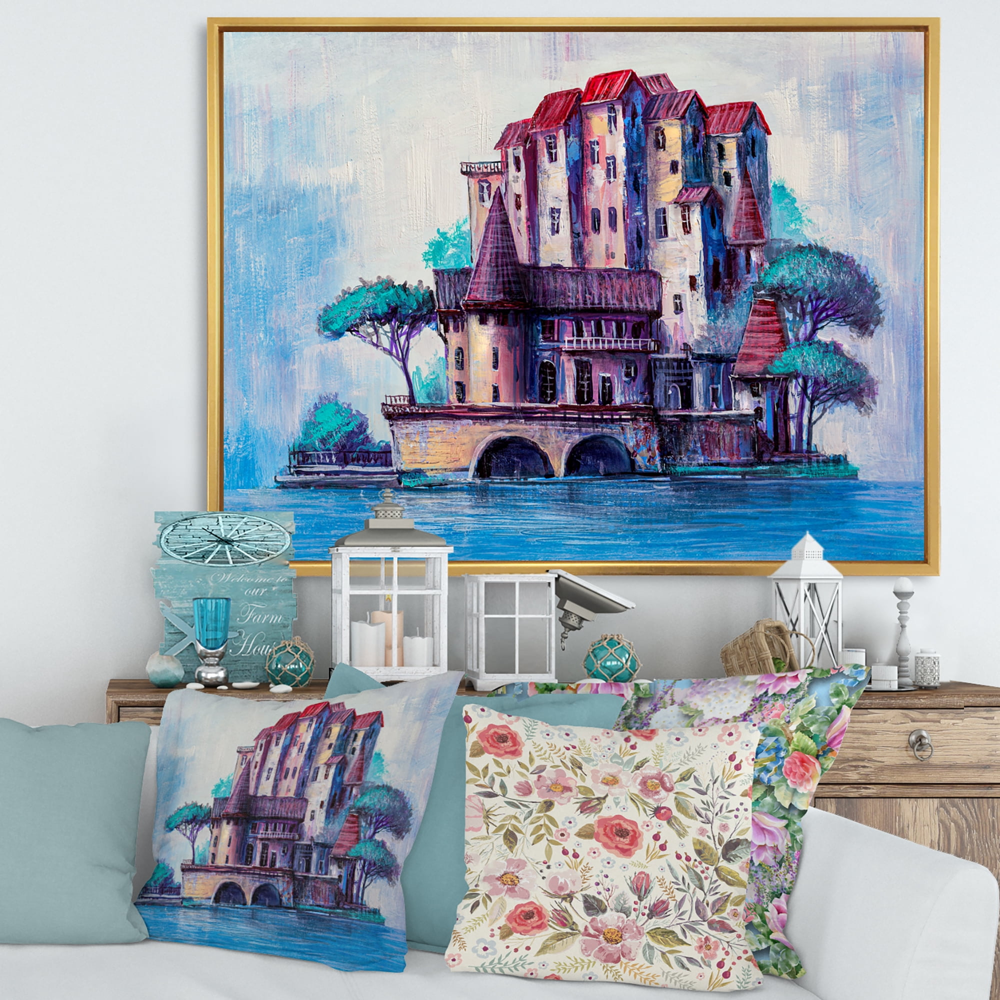 Designart 'Ancient City Skypscrapers By The Bridge' Traditional Framed Canvas Wall Art Print