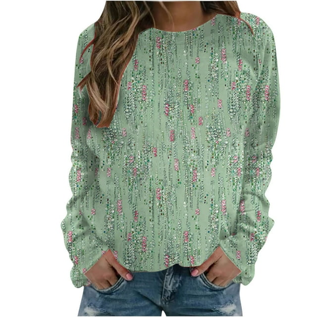 RKSTN Chandails à Manches Longues pour Femmes Mode à Imprimé Floral Décontracté Hauts à Manches Longues à Col Rond Coupe Ample Chandail Blouse