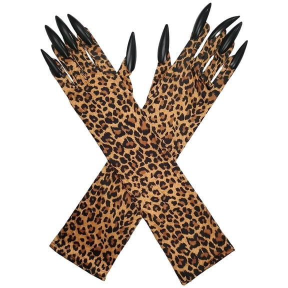 Byfri Leopard Print Long Nail Animal Claw Gloves, Themed Party Handwear for Adults, Brown 9x43cm