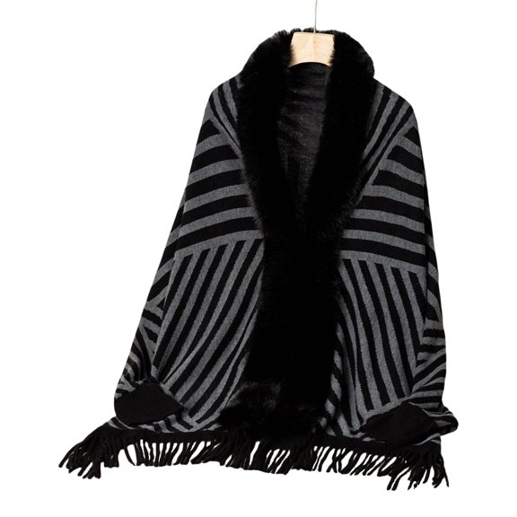 Oasiva Women Knit Striped Shawl Cardigan Open Front Furry Collar Sweater Shrug Ponchos
