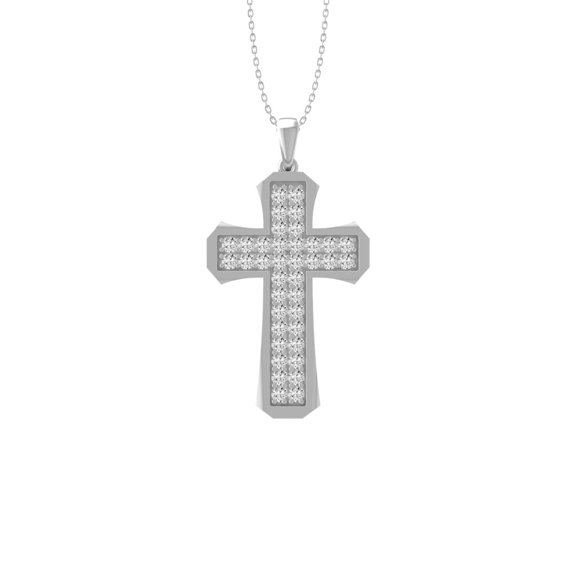 Araiya Fine Jewelry 10K White Gold Round Shape Lab Grown Diamond Cross Mens Pendant with Silver Plated Cable Chain Necklace for Women (1 cttw, D-F Color, VS Clarity) 22"