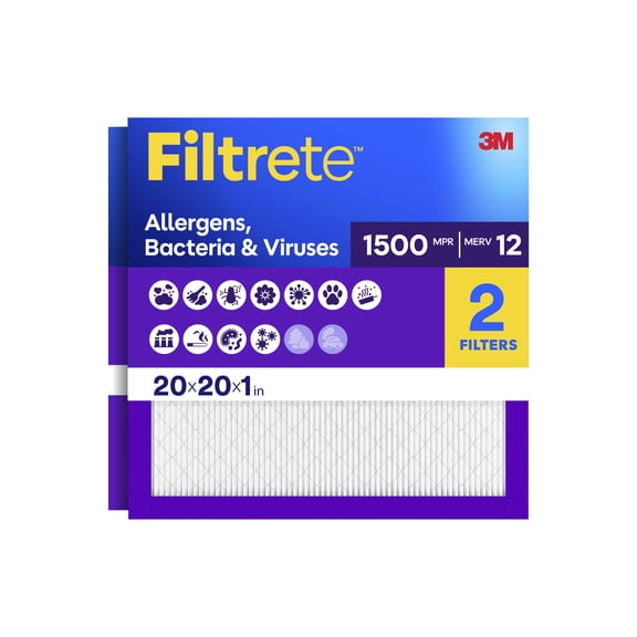 Filtrete 20x20x1 HVAC Furnace Air Filter, MPR 1500 MERV 12, Allergen, Bacteria and Virus, 2 Filters