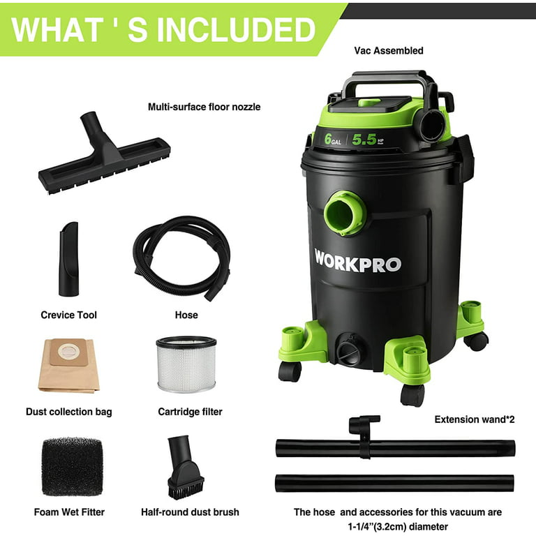 WorkPro 6 Gallon Wet/Dry Vacuum, 5.5 Peak HP Shop VAC Cleaner with HEPA Filter, Hose and Accessories for Home/Jobsite
