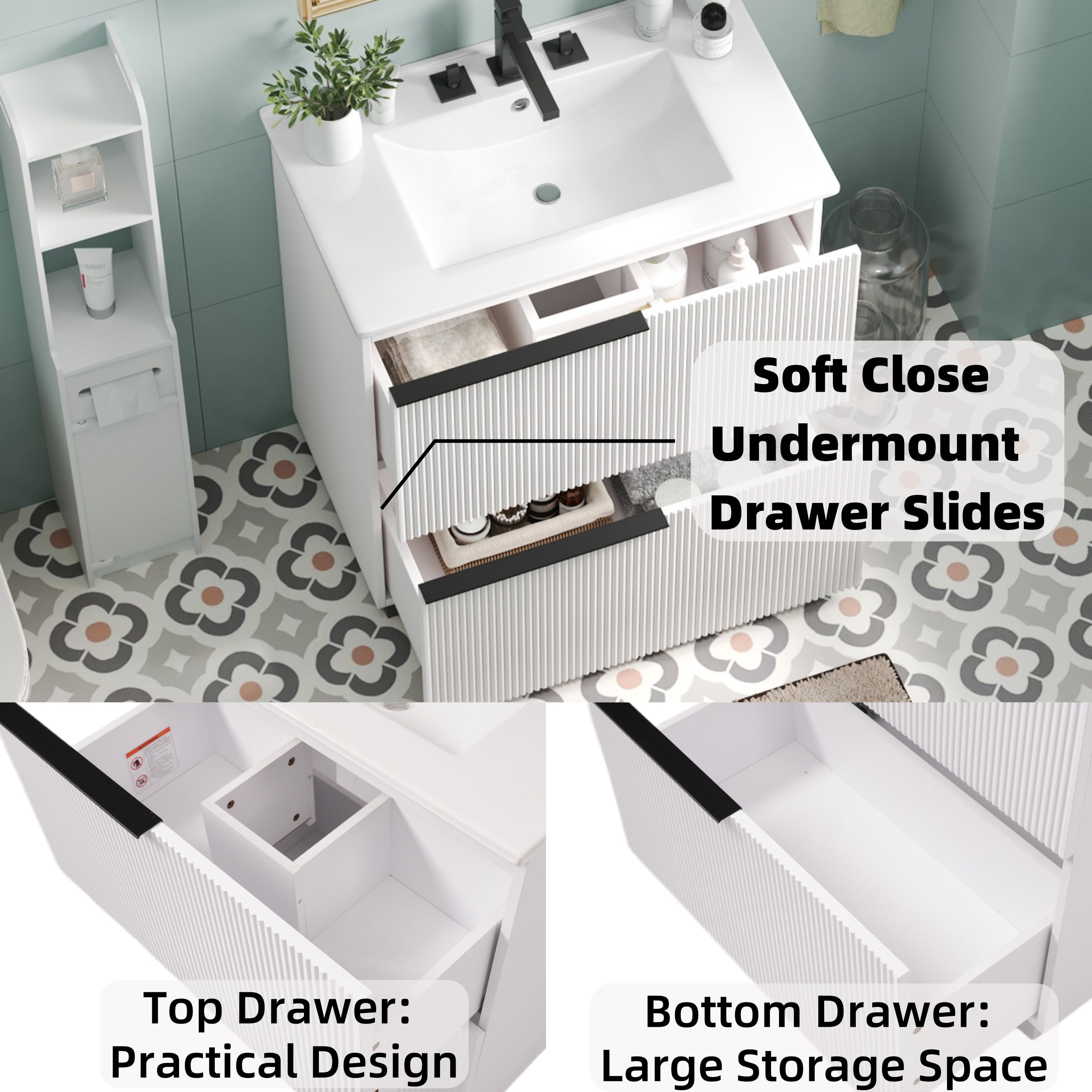 Euroco 30" Bathroom Vanity with Ceramic Sink and Full-Extension Drawers, Soft Close Undermount Drawer Slides, Fluted Design, White