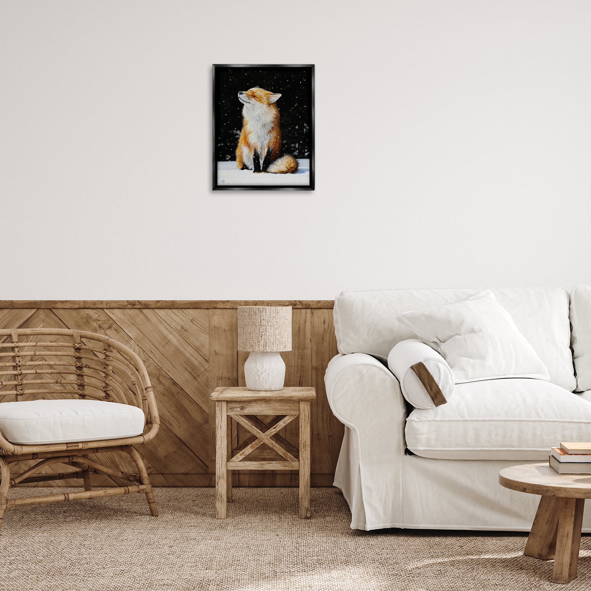 Stupell Industries Blissful Fox with Snowflakes Animals Painting Black Floater Framed Canvas Art Print Wall Art, 17 x 21