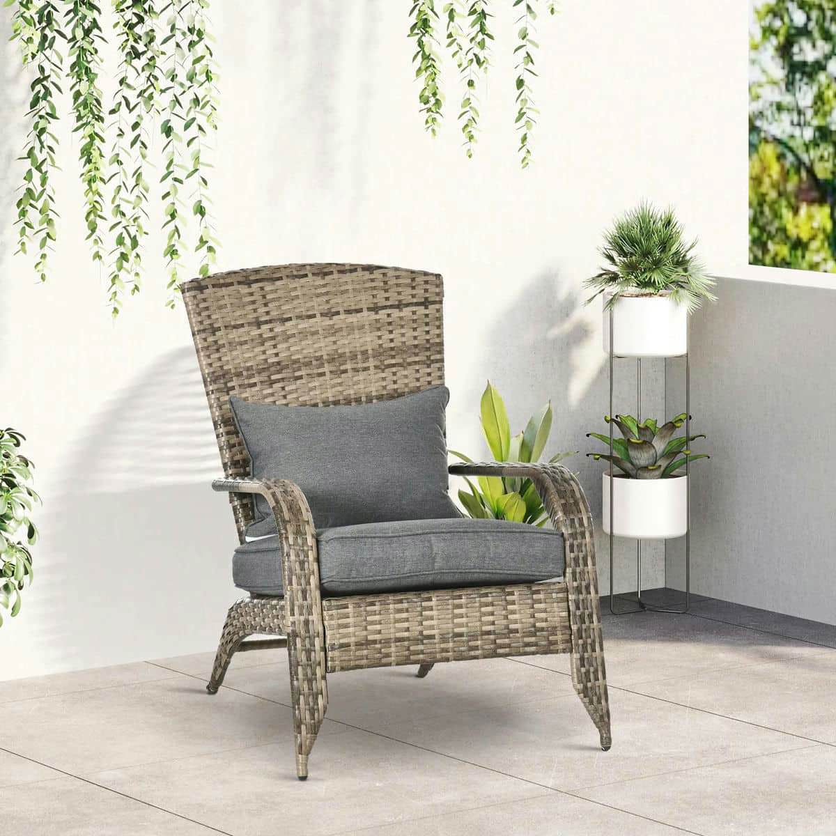 Spaco Patio Wicker Adirondack Chair with Soft Cushions, Outdoor All-Weather Rattan Fire Pit Chair with Tall Curved Backrest and Comfortable Armrests for Outdoor as Backyard, Lawn, Garden, Tan&Gray