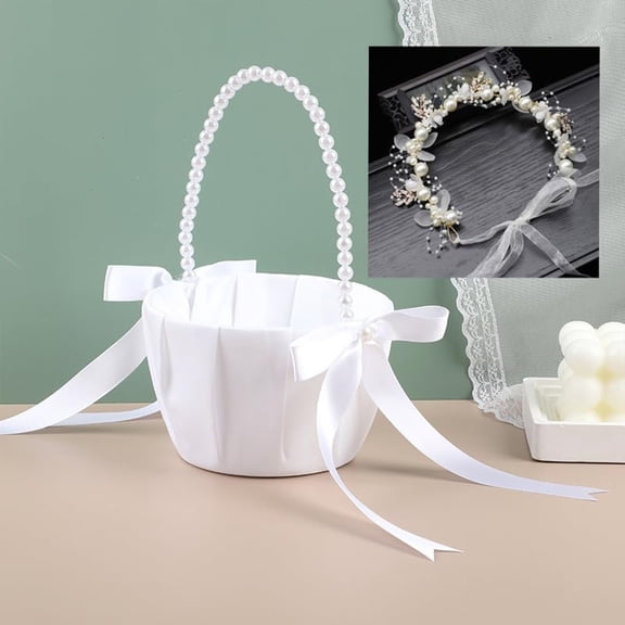Januofit Flower Girl Baskets with Headpiece for Wedding, Ivory Wedding Basket and Headband for Flower Girl (Gold)