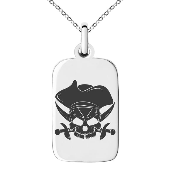 Stainless Steel Pirate Skull & Cross Swords Engraved Small Rectangle Dog Tag Charm Pendant Necklace