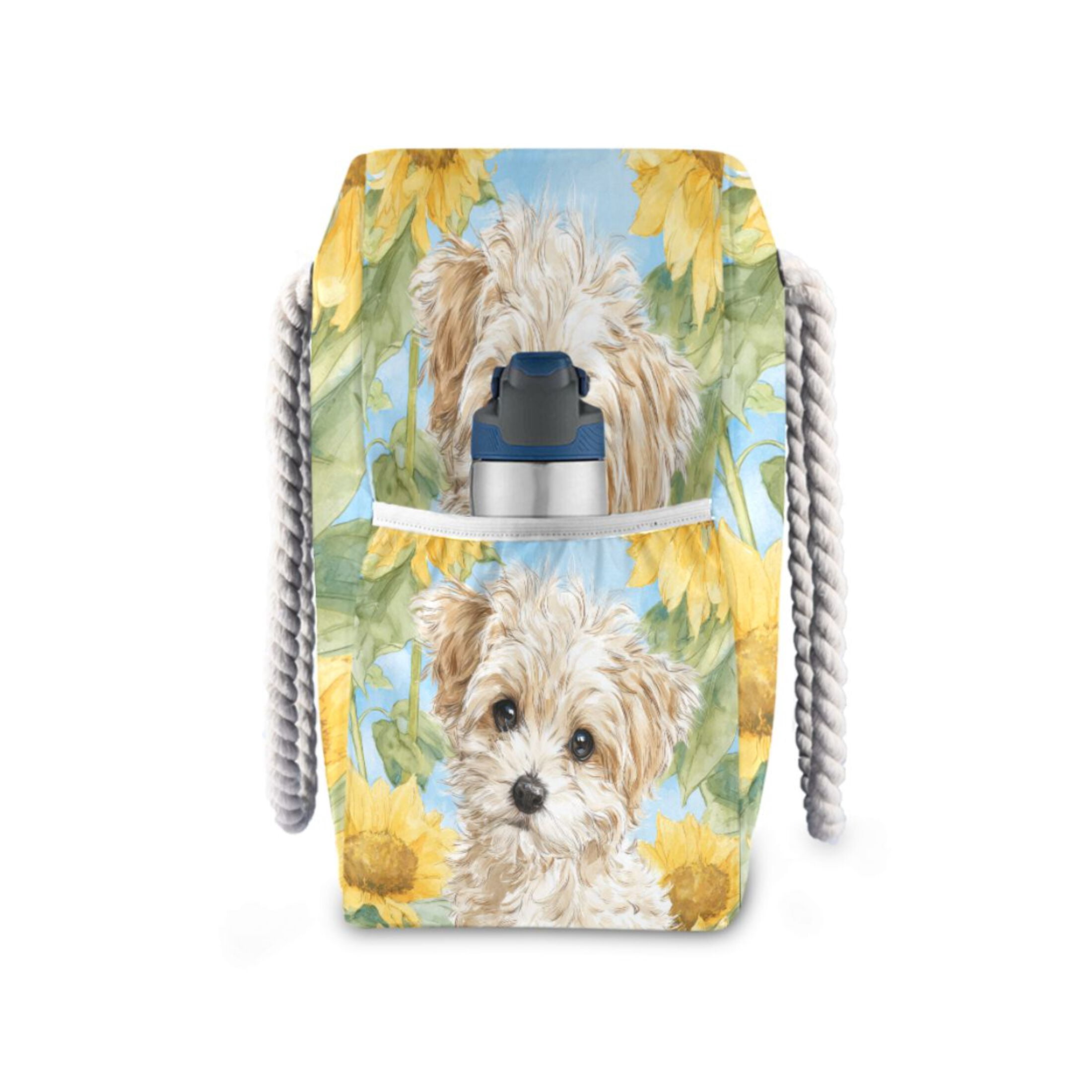 20.5"x15" Large Beach Tote Bag with Rope Handles, Waterproof Nylon, Zipper Closure, Multi-Pockets for Travel, Pool & Daily Use Cute Cream-colored Maltipoo Puppy