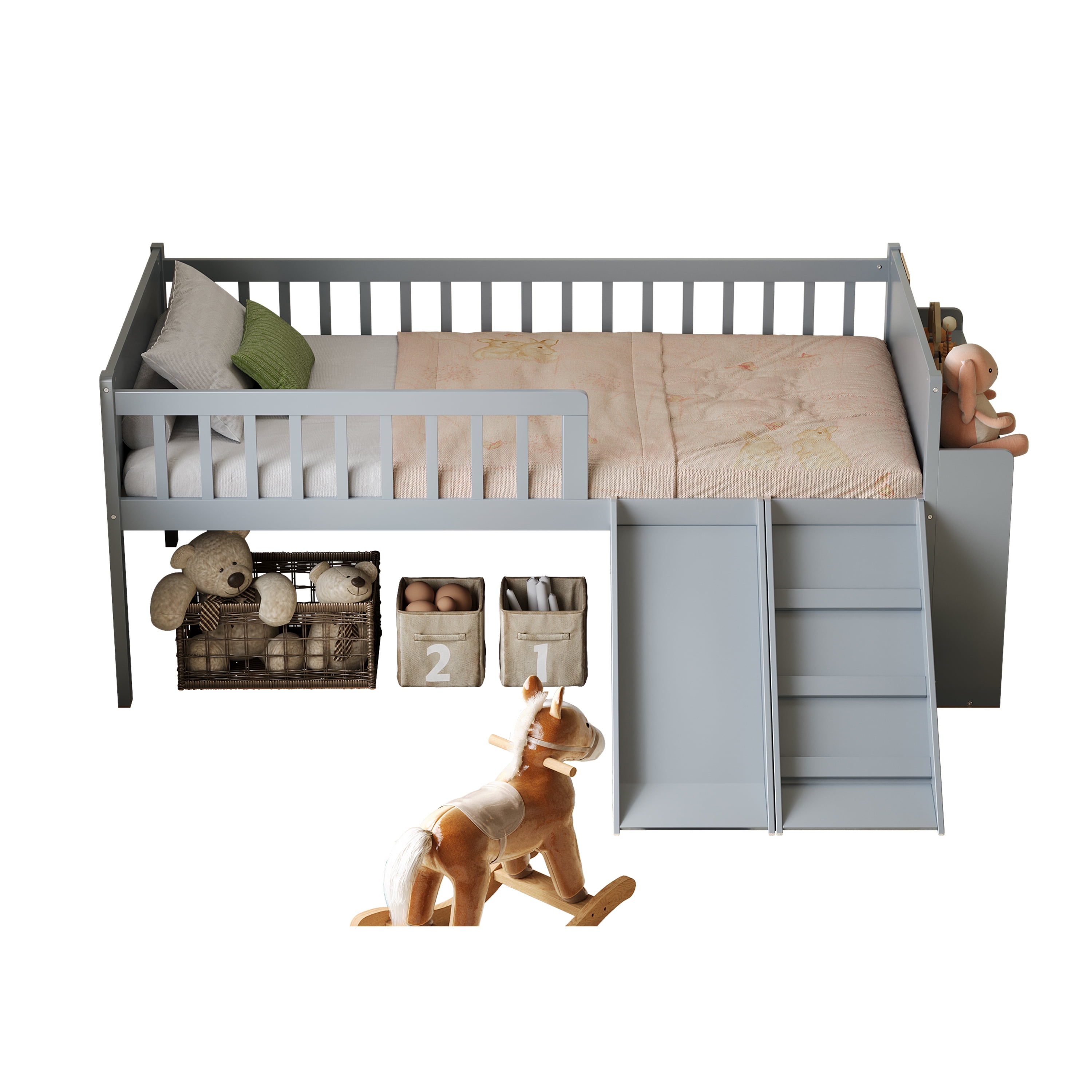 Euroco Wood Twin Size Loft Bed with Slide, Storage Bed with Guardrail ans Shelves, Gray