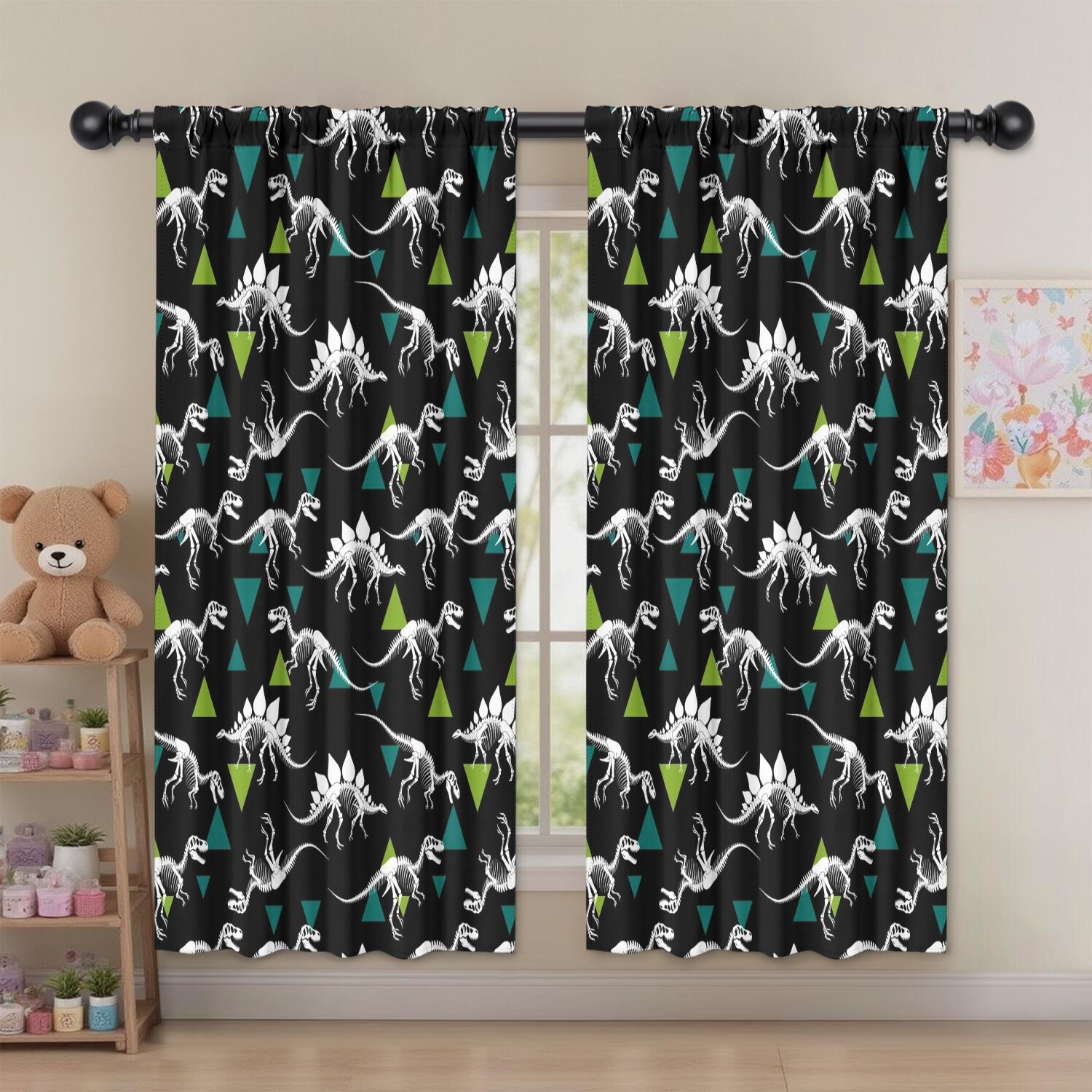 Blackout Kids Curtains,Black Cartoon Dinosaurs Skeletons Triangles Pattern Childrens Insulated Curtains Set Of 2,Bedroom Essentials,Toddler Room Decor 52"x63"