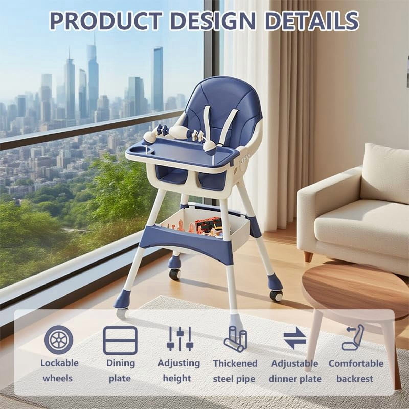 Portable Baby High Chair for Babies & Toddlers, Multi-Use Easy-Clean Feeding Chair with Lockable Wheels and Toy Storage Basket, Blue