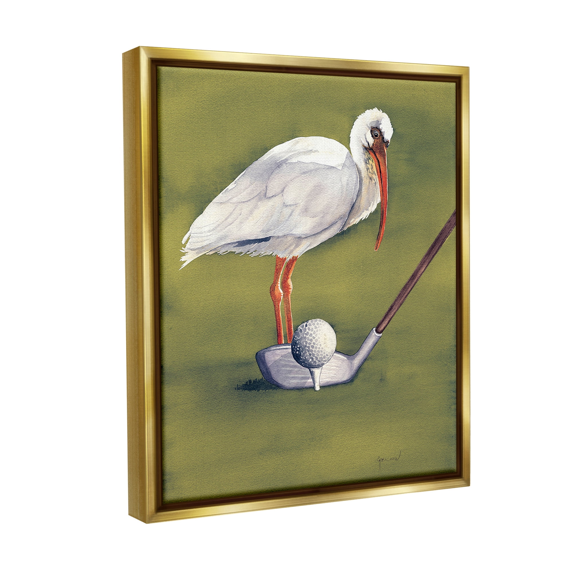 Stupell Industries Bird with Golf Club Animals & Insects Painting Gold Floater Framed Canvas Art Print Wall Art, 17 x 21
