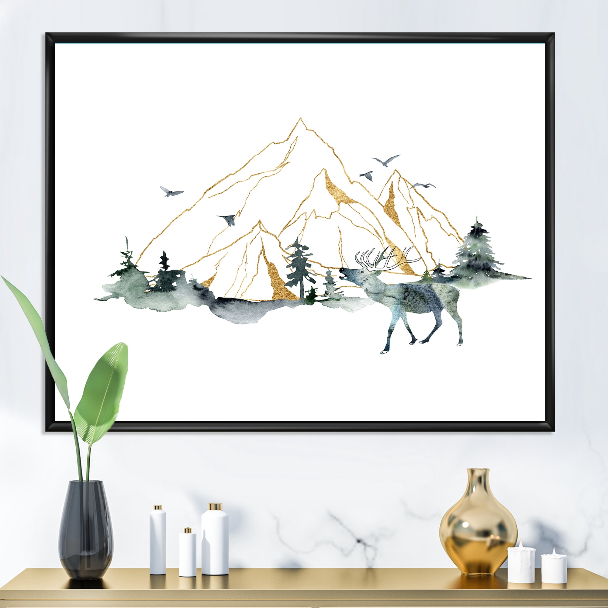 Designart 'Minimalistic Landscape of Forest Deer and Mountains' Modern Framed Canvas Wall Art Print
