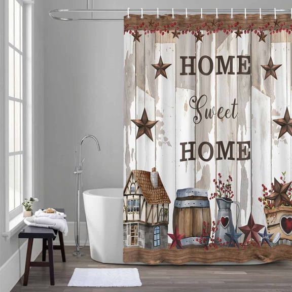 Home Sweet Shower Curtain for Bathroom Decor, Home Country Star Barn Barrel Retro Wood Grain Waterproof Fabric Shower Curtain, 72"x78" Set with 12 Hooks