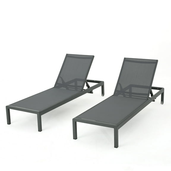 Miller Outdoor Aluminum Chaise Lounge with Dark Grey Mesh Seat, Set of 2, Grey