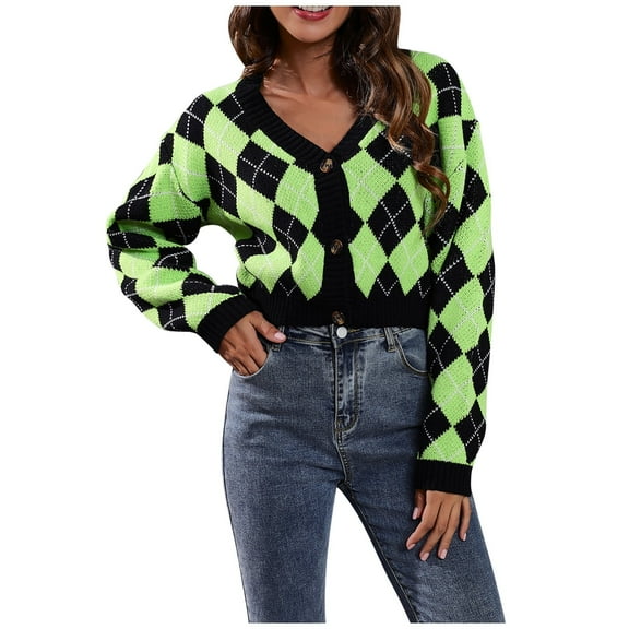 Odeerbi Winter Knit Cropped Cardigan Sweaters for Women 2025 Loose Argyle Plaid Color Block Cotton Sweater Lightweight Rhombic Lattice Cover Up Open Front Short Sweater Green