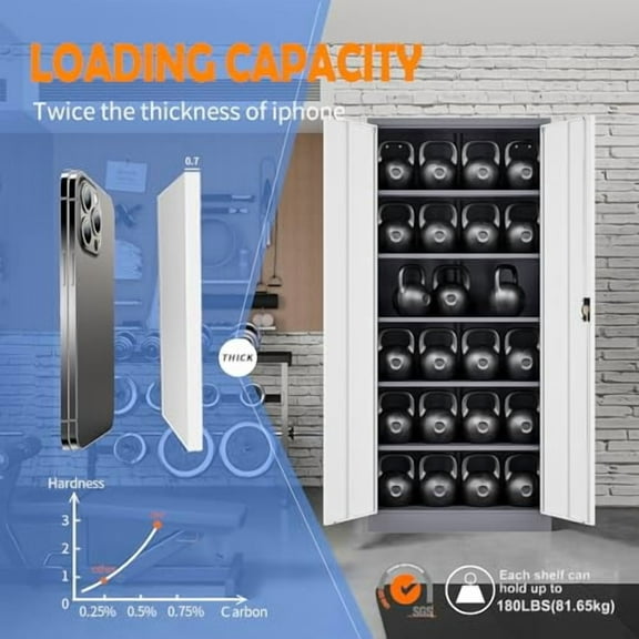 Yizosh Metal Garage Storage Cabinet with Lock, 71" Locking Tool Cabinet with 2 Doors and 5 Shelves, Tall Steel Cabinet for Garage, Heavy Duty File Cabinet for Office, School (Gray