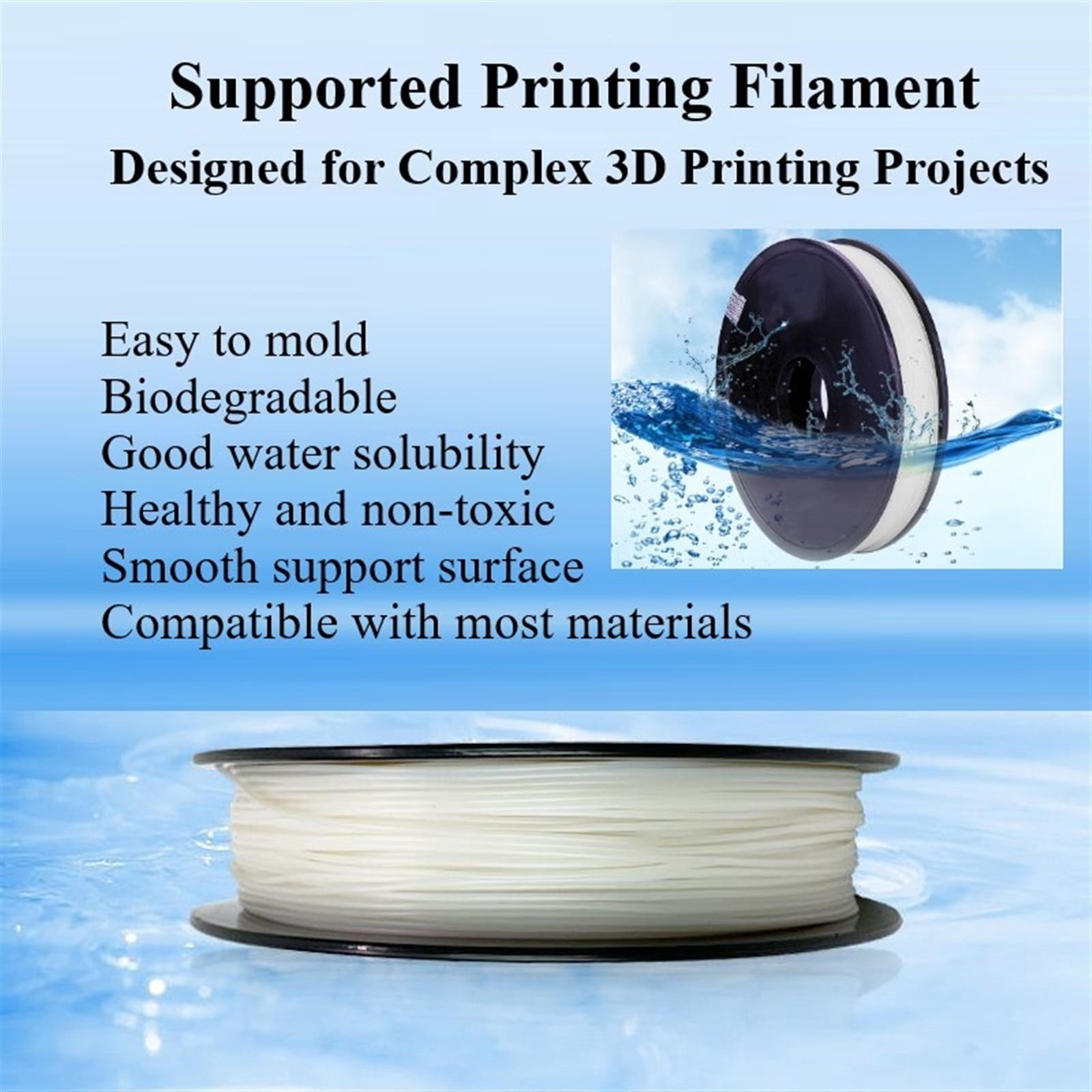 Water Soluble Supported Filament, 1.75mm 0.5KG PVA Compatible with Most 3D Printer & Pen, Removable Bobbin, Easy to Peel Off