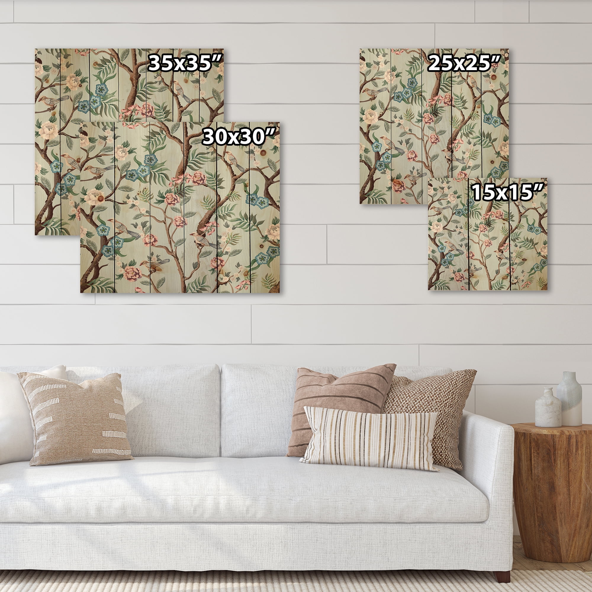 Designart 'Birds and Peonies With Chinoiserie X' Traditional Print on Natural Pine Wood