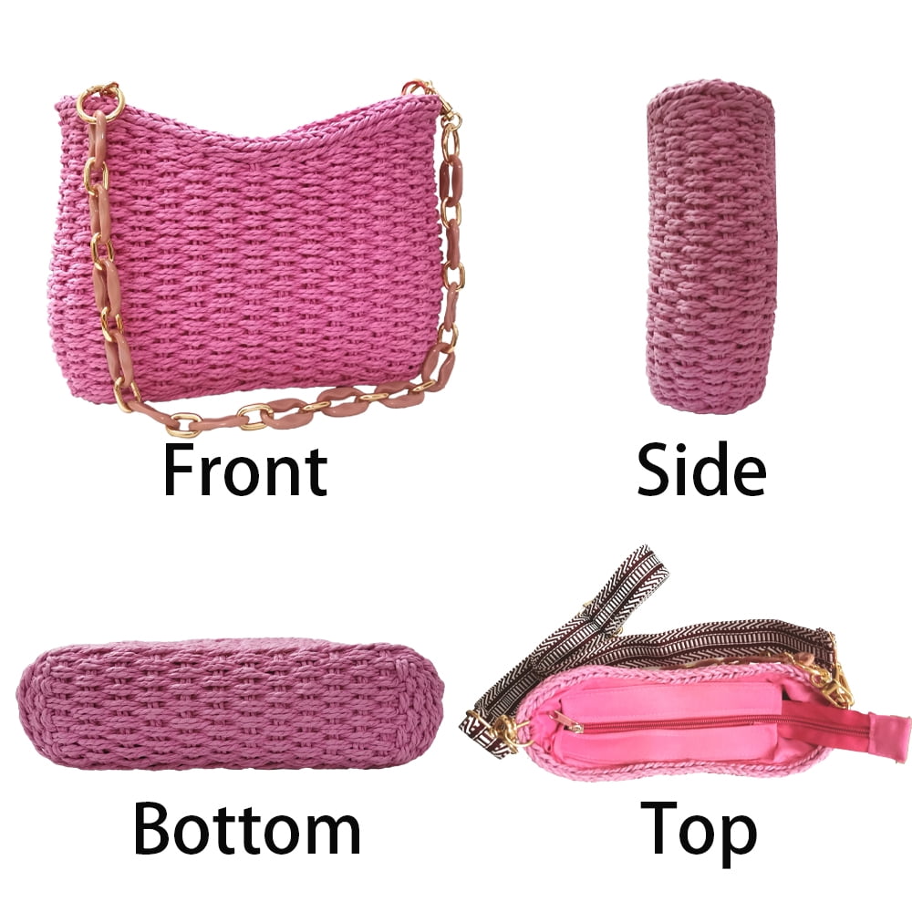 Small Handmade Straw Pocketbook Crossbody Bag for Women, Summer Chic Woven Handbag Shoulder Purse with Chain