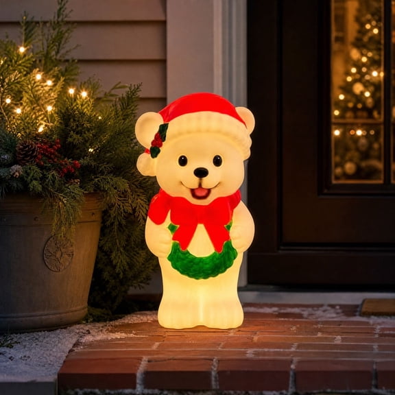 Christmas Bear Resin Figurine Lighted Xmas Bear Statue With Santa Hat Scarf Wreath Holiday Indoor Covered Outdoor Porch Home Decoration