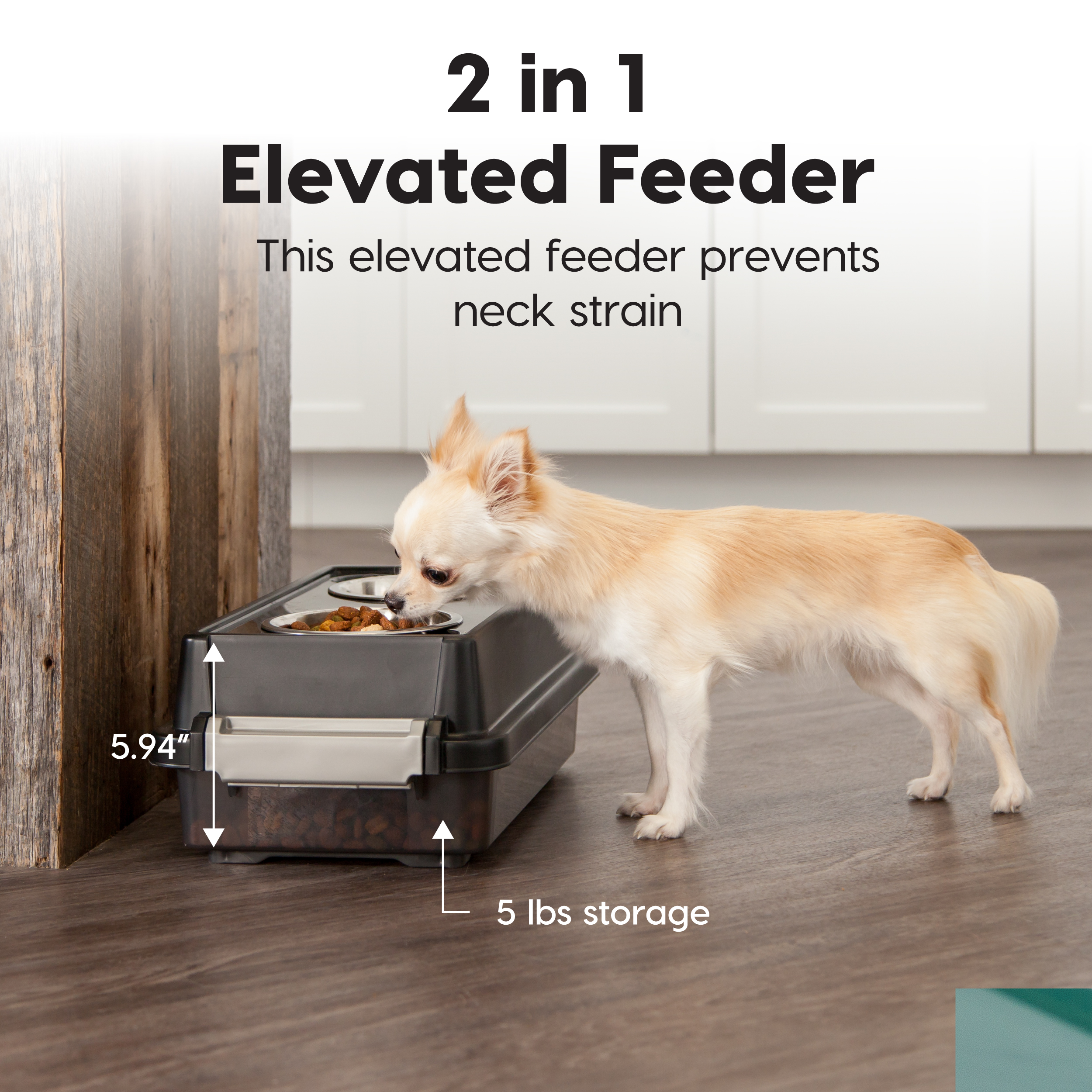 IRIS USA 2-in-1 Elevated Dog Bowls 6" H with Airtight Pet Food Storage Container 5 Lbs, Smoke/Black