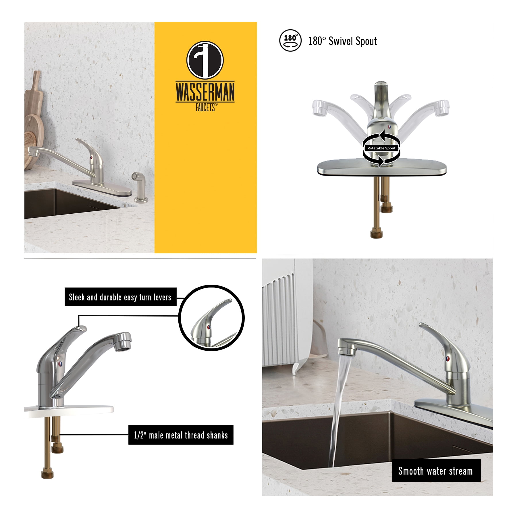 Hybrid Metal Deck Faucet Single Handle with Ceramic Cartridge and Spray, Brushed Nickel Finish