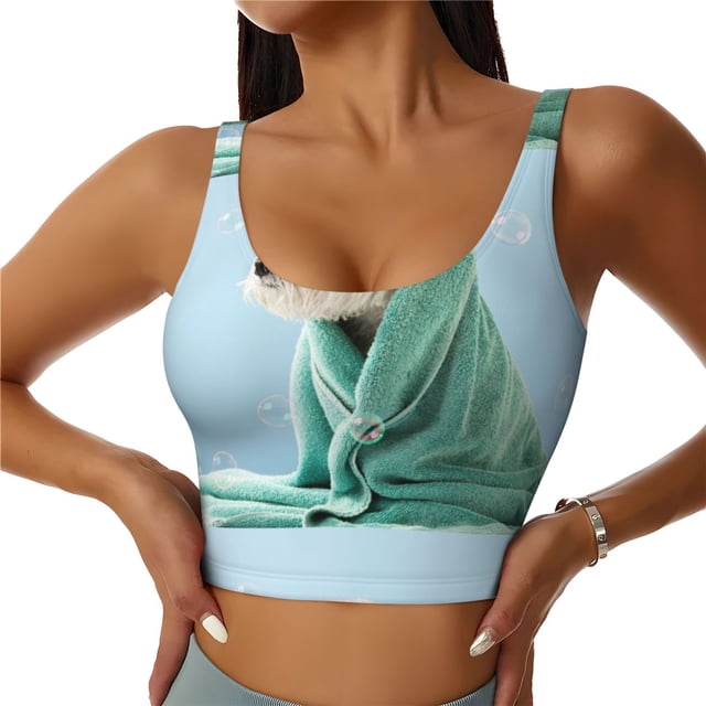 Fotbe Dog Wrapped in Towel Sujetador Deportivo Largo sin Aros para Mujer con Almohadillas y Soporte Medio, Transpirable y Absorbente, Camiseta Tipo Chaleco o Tank Top-XX-Large