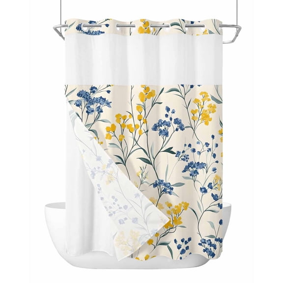 No Hook Cloth Fabric Shower Curtain with Snap in Liner, Yellow Blue Flowers Waterproof Shower Curtains Set with See Through Top Window, Watercolor Botanical Floral Plants Bath Curtains Shower 60"x72"