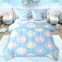 Feelyou Dreamy Floral Flower Twin Bedding Sets 7-Piece for Kids, Kawaii Cherry Blossoms Bedding Comforter Set, Princess Cartoon Blue Reversible Sheet Sets, Super Cozy Room Decor
