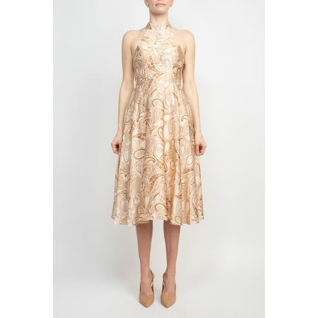 Laundry Tie Back Halter Neck Zipper Back Paisley Print Fit and Flare Satin Midi Dress-MULTI / 10