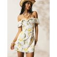 thumbnail image 2 of White Off Shoulder Lemon Print Mini Dress Vintage Boho Summer Vacation Woven Sundress, 2 of 8