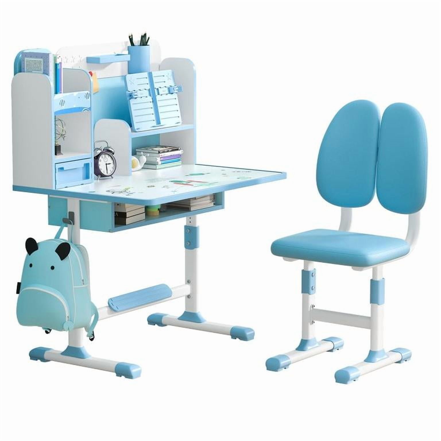 YNCE Kids Desk and Chair Set, Study Table with Golden Distance Design, Homeschooling Writing Desk with Desktop for Boys and Girls (Blue #1)