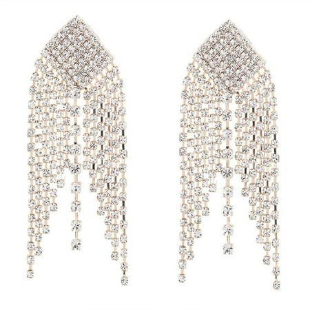 

Worallymy Women Girls Alloy Long Tassel Chandelier Crystal Dangle Earrings Bridal Banquet Wedding Jewelry Geometric Earrings