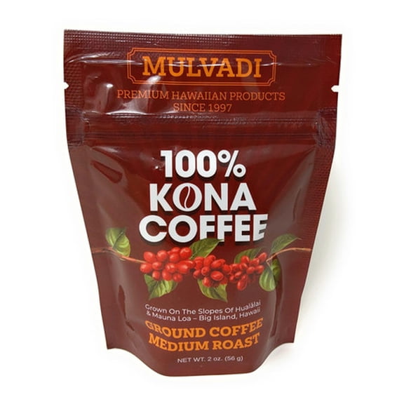 Mulvadi Corporation 100% Kona Coffee Ground Medium Roast, 2 oz - Premium Single Origin from Hawaii, Smooth & Aromatic Taste, Grown on Big Island, Handpicked, Small Batch Roasted