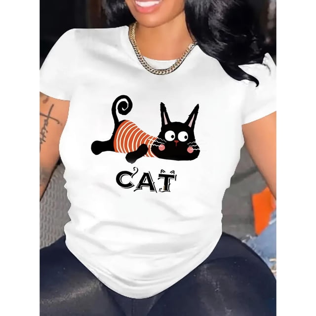 Women's Cute Cat Graphic Tee - Casual Round Neck Short Sleeve T-Shirt, Soft Polyester Blend, Playful Black & Orange Cat Design, Perfect for Casual Attire or Summer Vacations