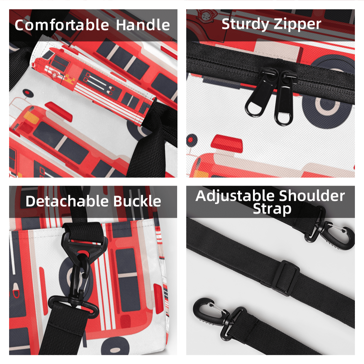 Herdesigns Fire Trucks Sports Duffle Bag for Women & Men, Car Gym Bag Dance Bag Overnight Bag Carry On Weekender Travel Bag