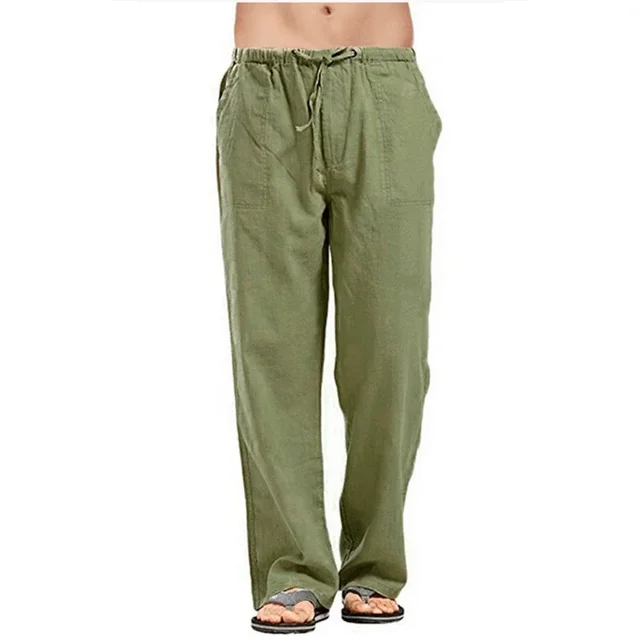 Pantalones de lino y algodón para hombre, ropa transpirable de Color sólido, informal, con cintura elástica, para Fitness, Verano