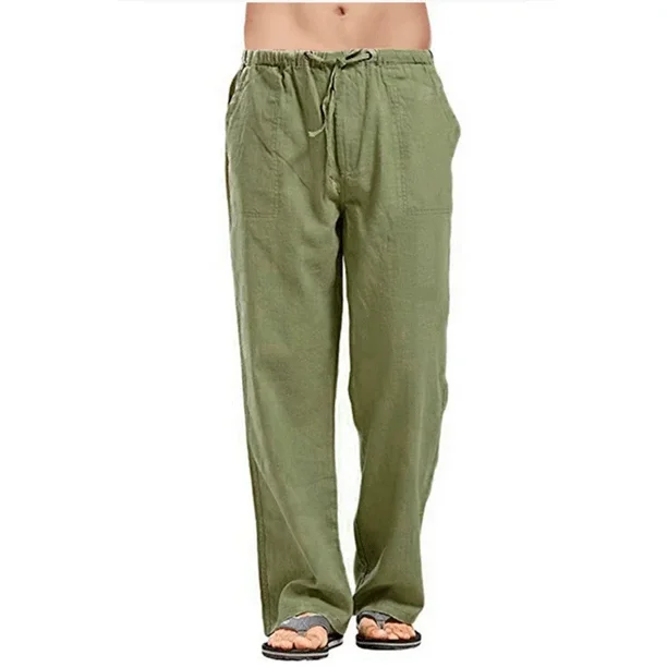 Pantalones de lino y algodón para hombre, ropa transpirable de Color sólido, informal, con cintura elástica, para Fitness, Verano